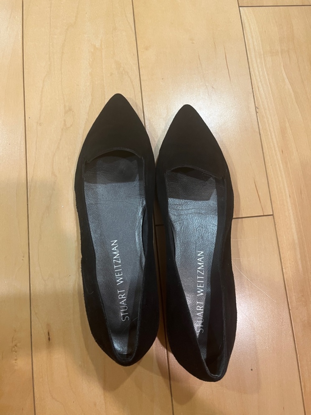 Stuart Weitzman Black Pointed Toe Suede Flats